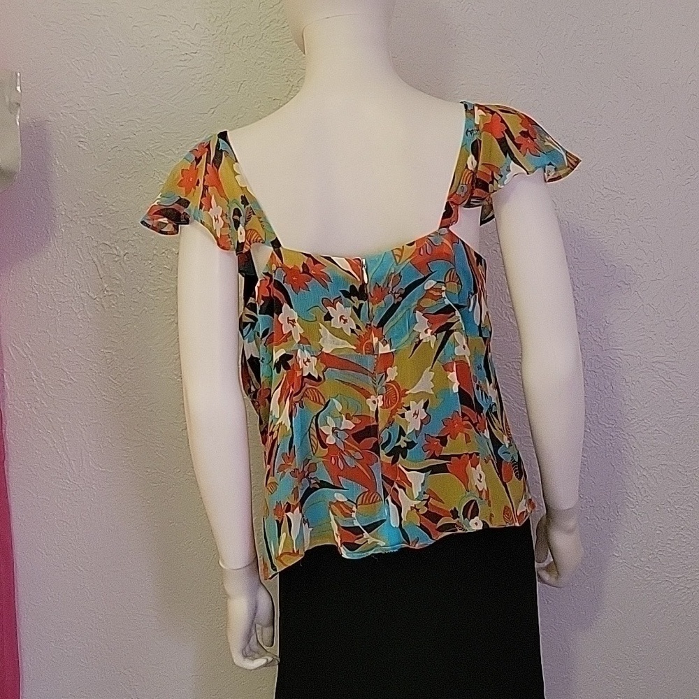 VTG Bentley A Retro Miami Teal Lime Green Fairycore Floral Chiffon Blouse - Picture 5 of 7